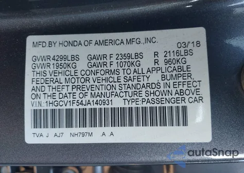 2018 Honda Accord Ex-L из США, поврежденный, VIN 1HGCV1F54JA140931